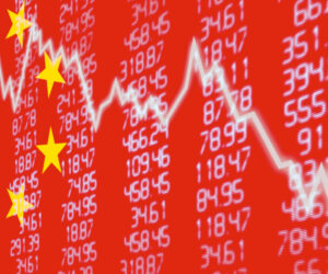 Chinese Stock Market - Arrow Graph Going Down on Red Chinese Flag
