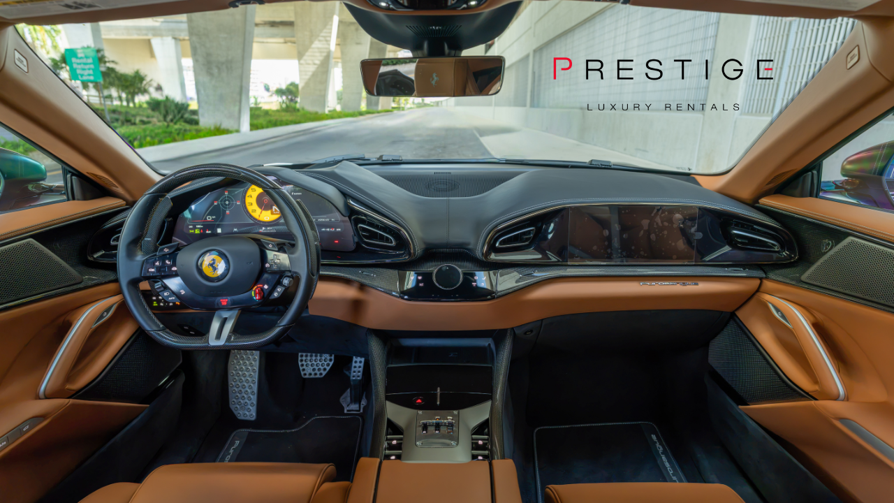 Ferrari Purosangue dashboard with Cuoio Naturale leather and carbon fiber interior